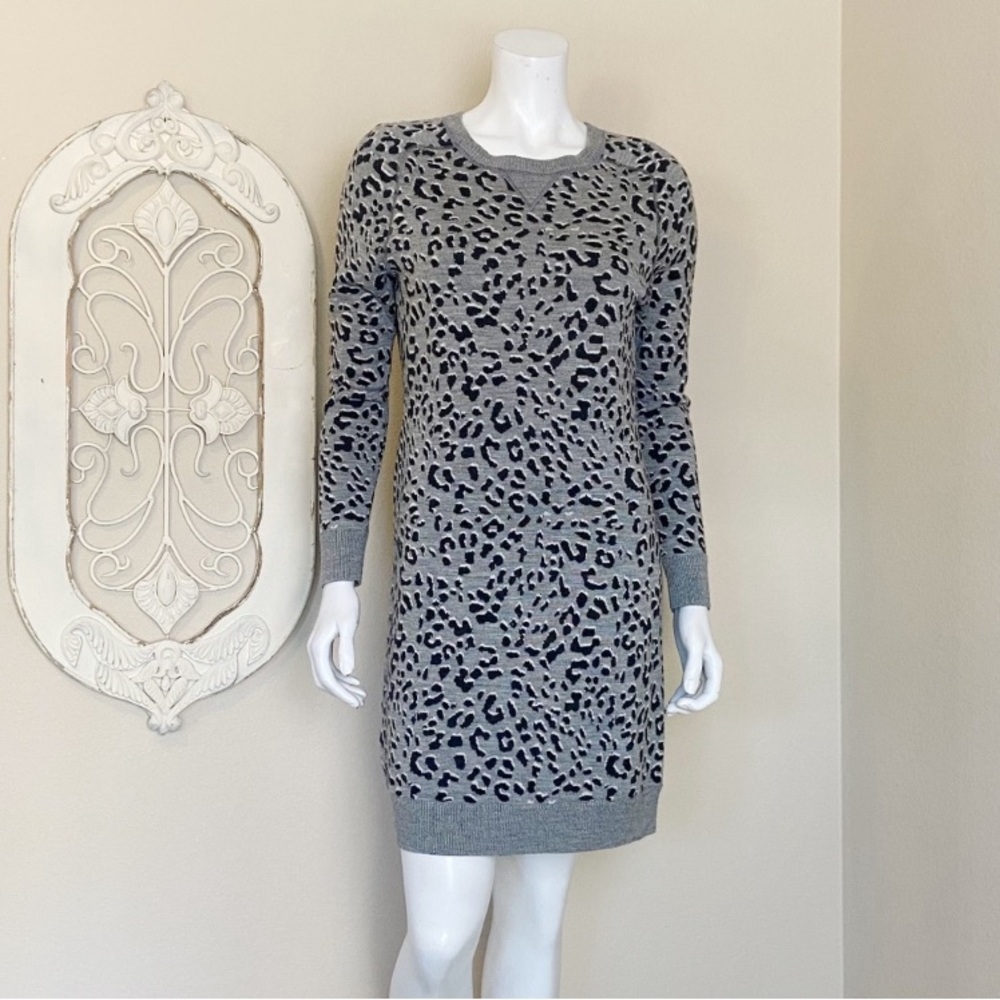 Loft | Womens Gray Leopard Print Long Sleeve Sweater Dress | Size: M